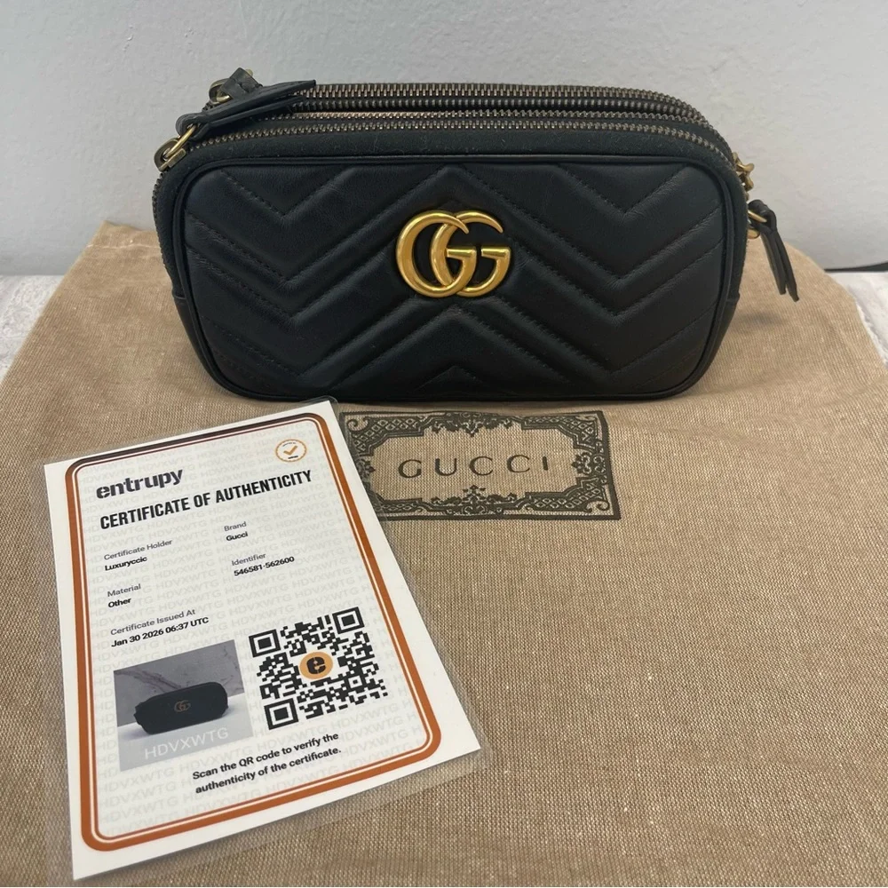 Gucci GG Marmont Triple Zip Chain Bag Matelasse Leather Mini in Black - Preowned